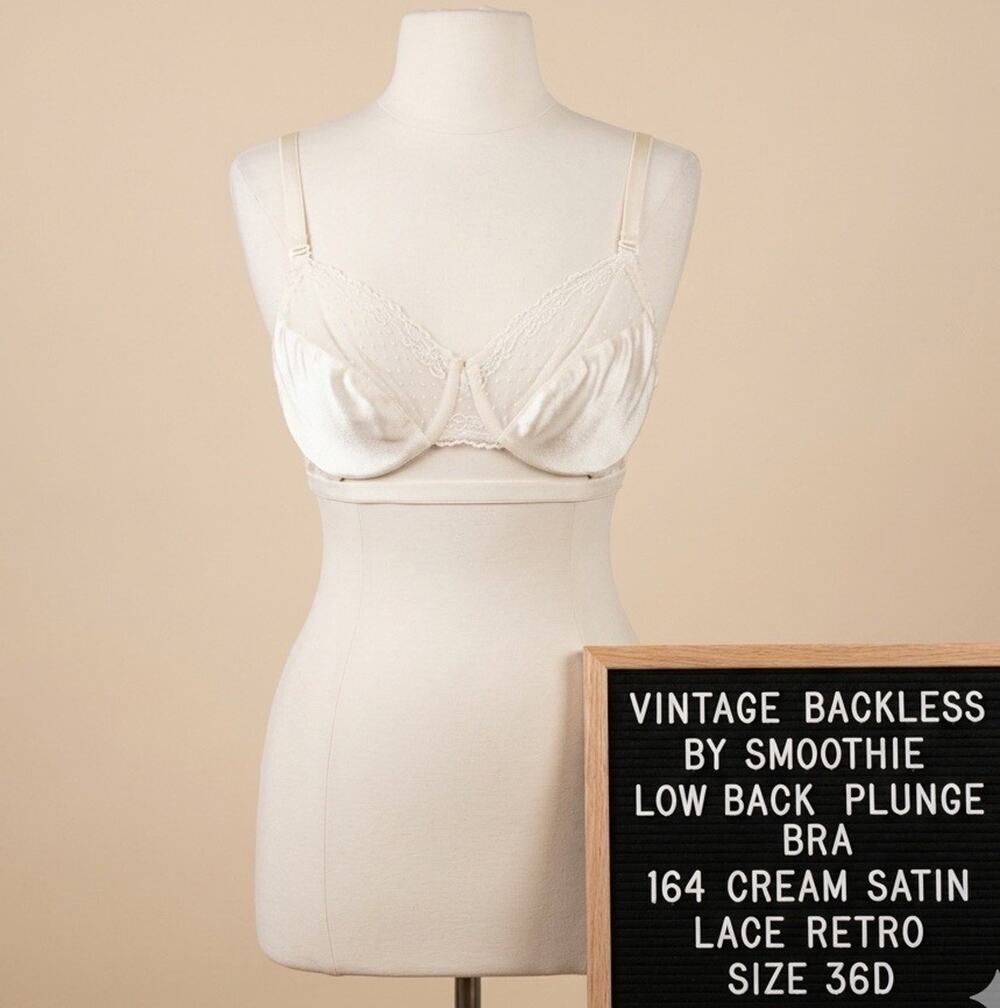 Vintage BackLess by Smoothie Low Back Plunge Bra 164 Cream Satin Lace Retro 36D